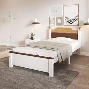 Eenpersoonsbed van hout, frame van grenenhout met centrale poot, junior/volwassen bed, hoofdbord en voeteneinde van MDF, kleurblok, wit, 90×200 cm Eenpersoonsbed van hout, frame van grenenhout met centrale poot, junior/volwassen bed, hoofdbord en voeteneinde van MDF, kleurblok, wit, 90×200 cm