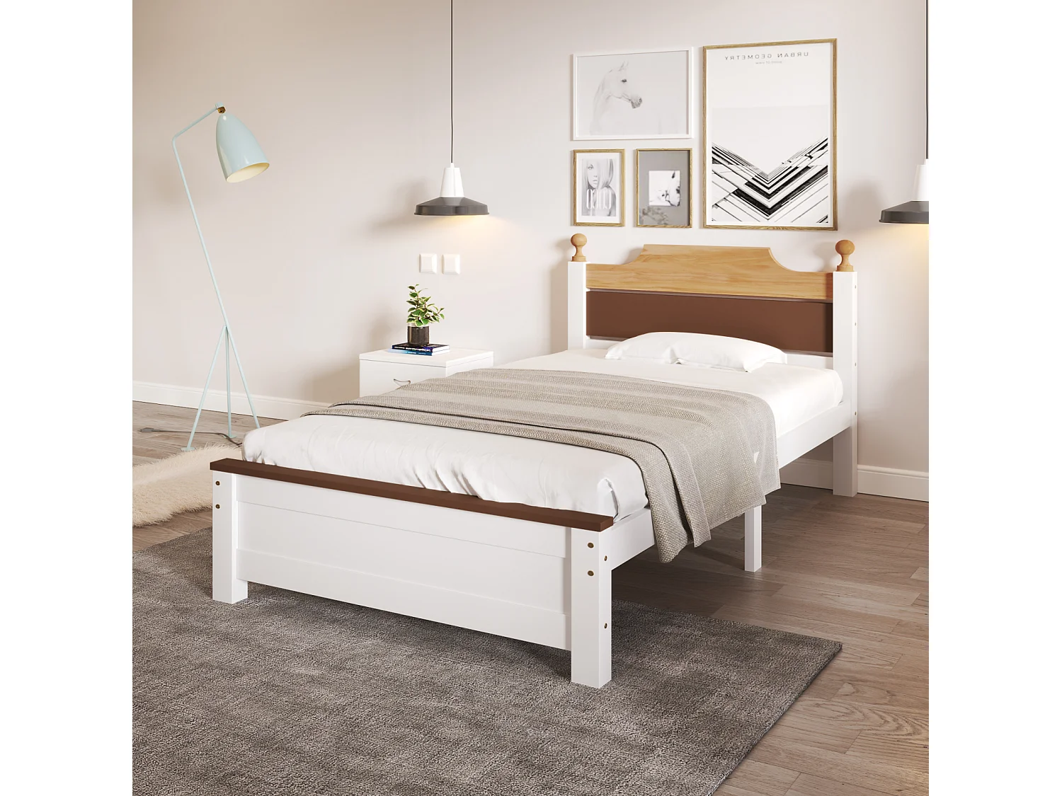 Eenpersoonsbed van hout, frame van grenenhout met centrale poot, junior/volwassen bed, hoofdbord en voeteneinde van MDF, kleurblok, wit, 90x200 cm