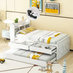 Eenpersoonsbed van massief hout 90×190 cm, multifunctioneel met uittrekbare lade, lattenbodem, nachtkastje met planken en USB-aansluiting – wit Eenpersoonsbed van massief hout 90×190 cm, multifunctioneel met uittrekbare lade, lattenbodem, nachtkastje met planken en USB-aansluiting – wit