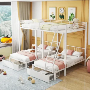 Driedubbel stapelbed met lades, metalen frame, omvormbaar tot tweepersoonsbed 140×200 cm en twee eenpersoonsbedden 90×200 cm, multifunctioneel bed, wit Driedubbel stapelbed met lades, metalen frame, omvormbaar tot tweepersoonsbed 140×200 cm en twee eenpersoonsbedden 90×200 cm, multifunctioneel bed, wit