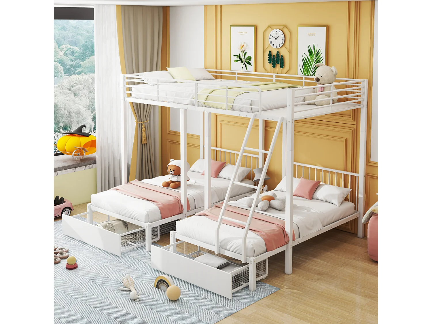 Driedubbel stapelbed met lades, metalen frame, omvormbaar tot tweepersoonsbed 140x200 cm en twee eenpersoonsbedden 90x200 cm, multifunctioneel bed, wit