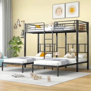 Driepersoonsbed 90×200 cm met ladder, stapelbed met bescherming, geïntegreerde tafel, metalen frame, zwart design, geschikt voor kinderen en tieners