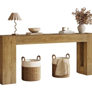 Extra lange consoletafels van 200 cm voor de hal, smalle salontafel in landelijke stijl achter de bank met dikke poten.