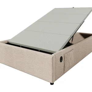 Eenpersoonsbed met opbergruimte 90×200 cm met USB-C-opladen, zonder hoofdbord, beige linnen stof (zonder matras)