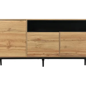 Dressoir 160x35x76cm met 3 deuren en 1 nis, zwarte metalen poten, body in lichte natuurlijke houtnerf Dressoir 160x35x76cm met 3 deuren en 1 nis, zwarte metalen poten, body in lichte natuurlijke houtnerf