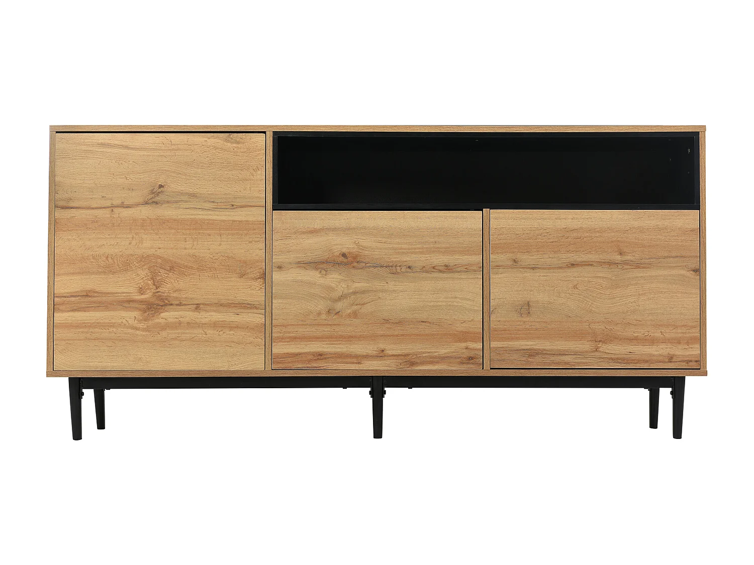 Dressoir 160x35x76cm met 3 deuren en 1 nis, zwarte metalen poten, body in lichte natuurlijke houtnerf