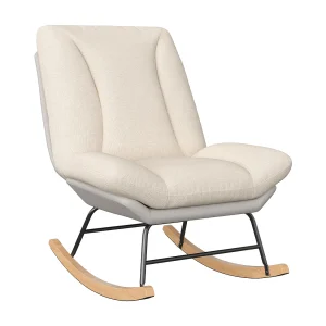 Ergonomische schommelstoel met beige kussen en grijs frame, bekleed met linnen en kunstleer. Ergonomische schommelstoel met beige kussen en grijs frame, bekleed met linnen en kunstleer.