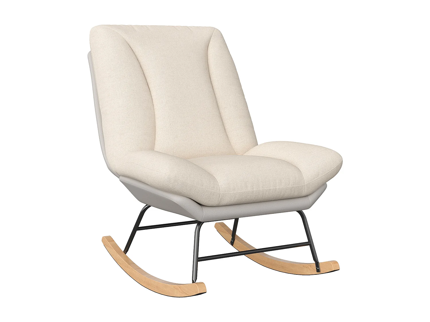 Ergonomische schommelstoel met beige kussen en grijs frame, bekleed met linnen en kunstleer.