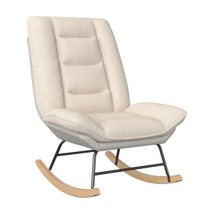 Ergonomische schommelstoel met beige kussen en grijs frame, modern design in stof/kunstleer.