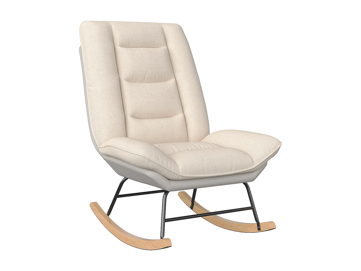 Ergonomische schommelstoel met beige kussen en grijs frame, modern design in stof/kunstleer.