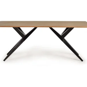 Tafel met handgreep van natuurlijk acaciahout en metalen details Tafel met handgreep van natuurlijk acaciahout en metalen details