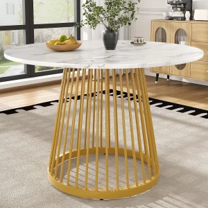 Eettafel – MDF Tafelblad Met Marmerlook – Verstelbare Metalen Poten – 80 x 80 x 76 cm – Max. Belastbaar 60 kg – Voor 4 Personen – MDF + Metaal – Goud + Wit