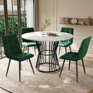 Eetkamerset (5-delig), ronde tafel met wit gemarmerd MDF-blad, zwarte metalen poten, groene fluwelen stoelen (100x100x75 cm) Eetkamerset (5-delig), ronde tafel met wit gemarmerd MDF-blad, zwarte metalen poten, groene fluwelen stoelen (100x100x75 cm)