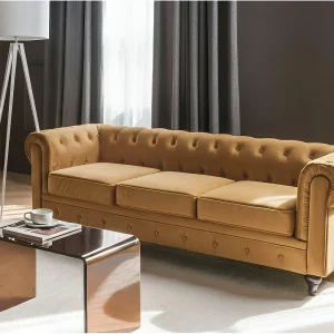 Bank CHESTERFIELD Fluweel Mosterdgeel 3-zitter