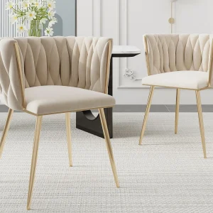Eetkamerstoel / fauteuil van fluweel – set van 2 – frame van goudkleurig metaal, beige