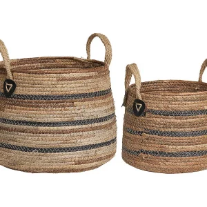 Juego de 2 cestas de almacenaje ERBA – Yute natural con rayas y asas de cuero Juego de 2 cestas de almacenaje ERBA – Yute natural con rayas y asas de cuero