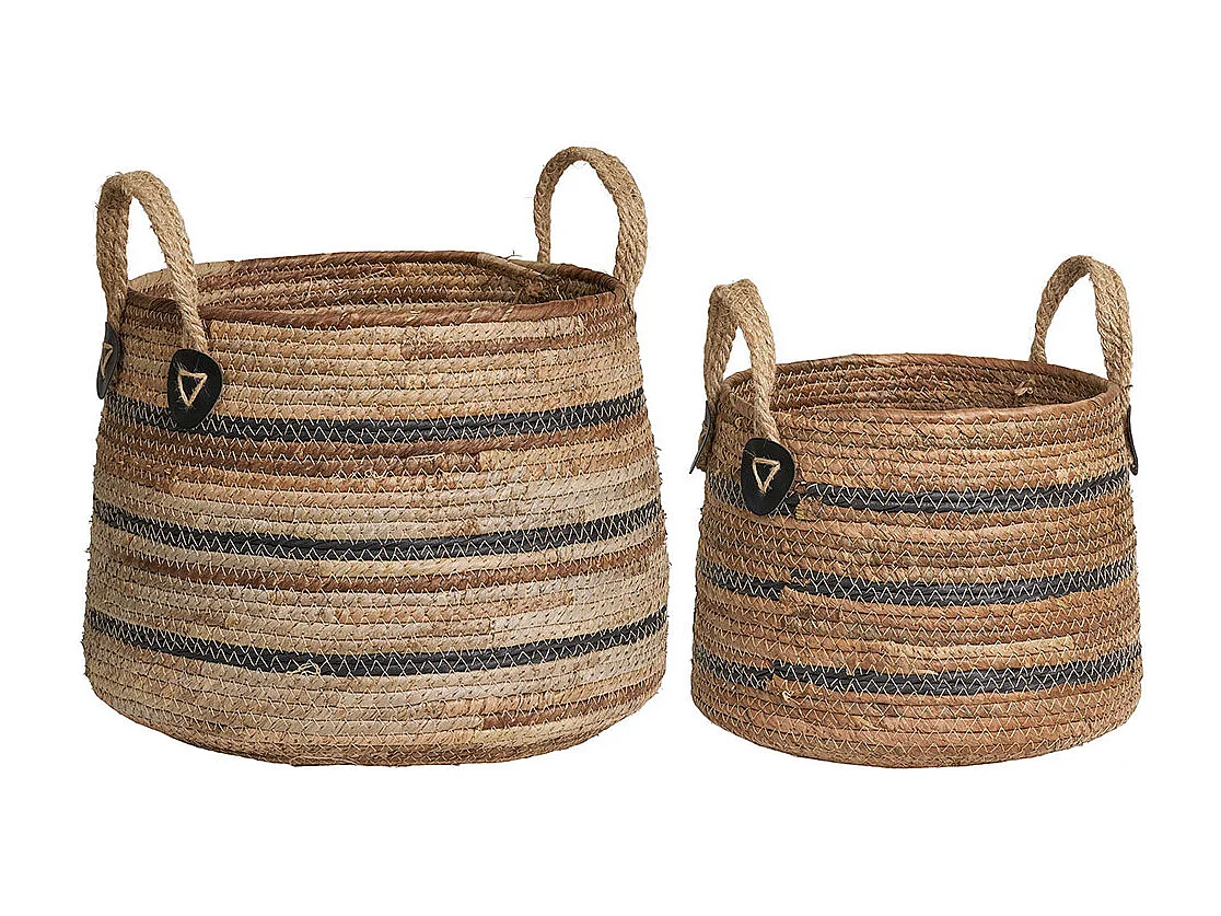 Juego de 2 cestas de almacenaje ERBA – Yute natural con rayas y asas de cuero