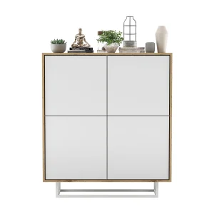 Dressoir met 4 deuren – corpus eiken wotan, fronten wit mat – 113 cm, metalen frame Dressoir met 4 deuren – corpus eiken wotan, fronten wit mat – 113 cm, metalen frame