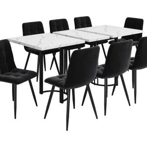 Eettafel 140×80 cm met 8 zwarte stoelen, metalen frame, uitschuifbare set Eettafel 140×80 cm met 8 zwarte stoelen, metalen frame, uitschuifbare set