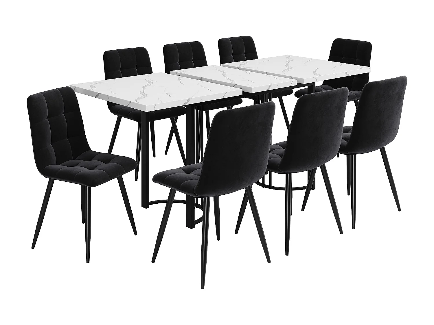 Eettafel 140x80 cm met 8 zwarte stoelen, metalen frame, uitschuifbare set