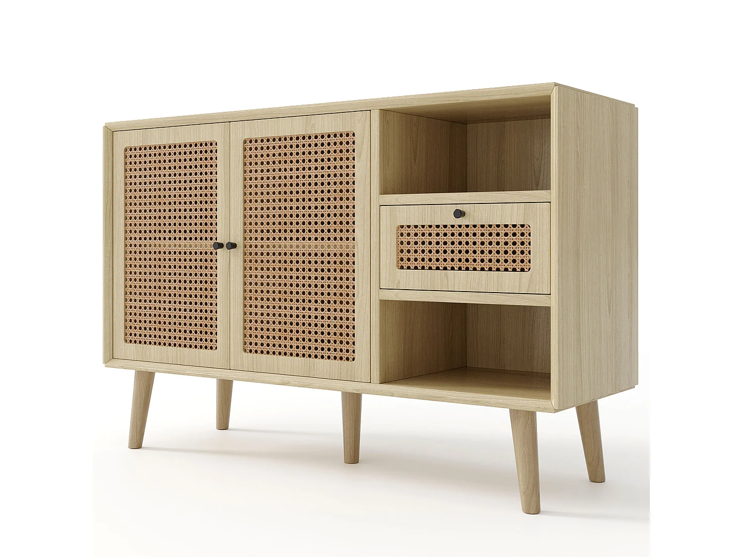 Dressoir 120 x 40 x 80 cm, met 2 deuren, 1 lade en 2 nissen in MDF - rotan effect - natuurlijke kleur
