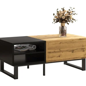 Elegante salontafel met een structuur in kleurvlakken, vakken en lades, en metalen poten.