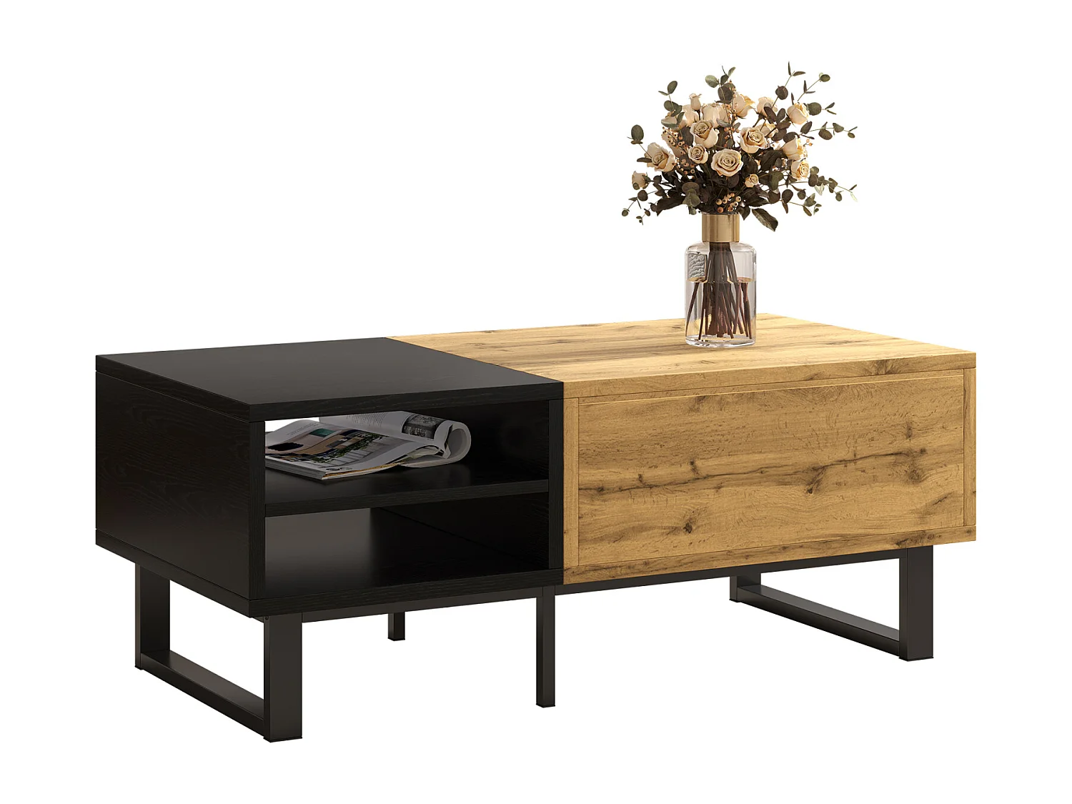Elegante salontafel met een structuur in kleurvlakken, vakken en lades, en metalen poten.