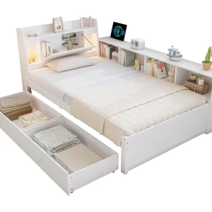 Eenpersoonsbed 90×200 cm met oplaadpoort, hoofdbord met opbergruimte + 2 lampen, wit Eenpersoonsbed 90×200 cm met oplaadpoort, hoofdbord met opbergruimte + 2 lampen, wit