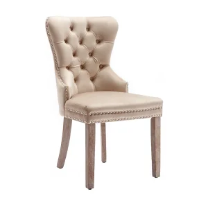 Tweedelige eetkamerstoelenset, gecapitonneerde rugleuning, geklonken rand, massief houten poten, fluwelen bekleding, beige