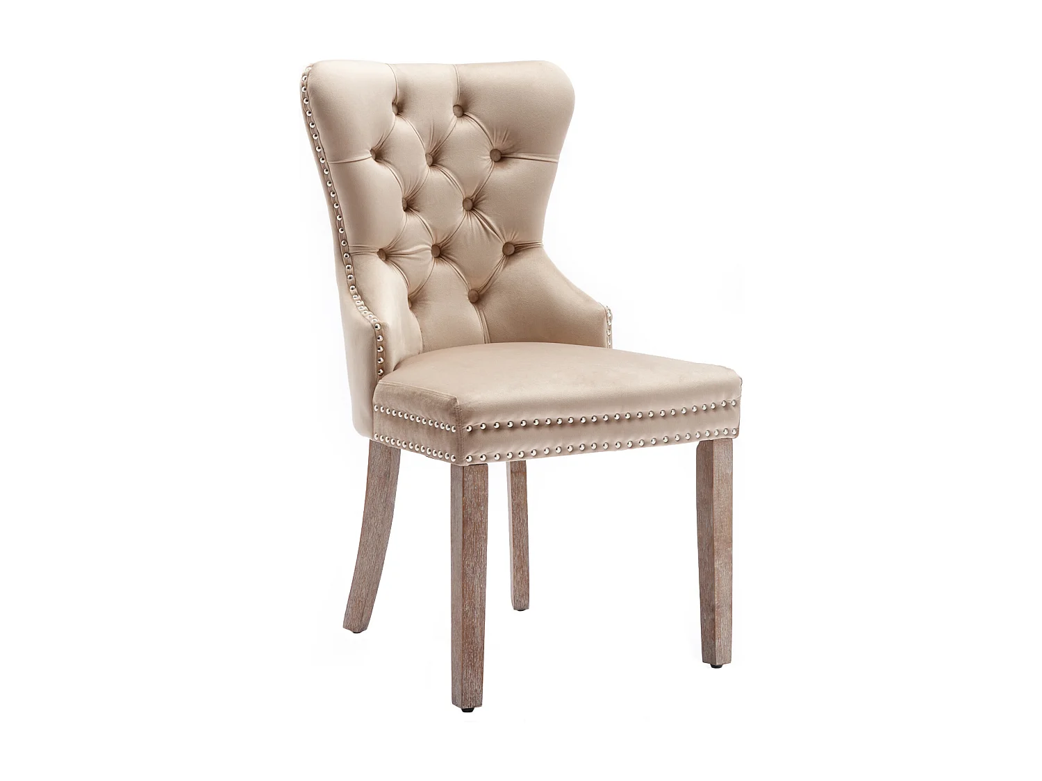 Tweedelige eetkamerstoelenset, gecapitonneerde rugleuning, geklonken rand, massief houten poten, fluwelen bekleding, beige
