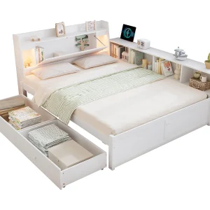 Eenpersoonsbed 140×200 cm met oplaadpoort, hoofdbord met opbergruimte + 2 lampen, wit