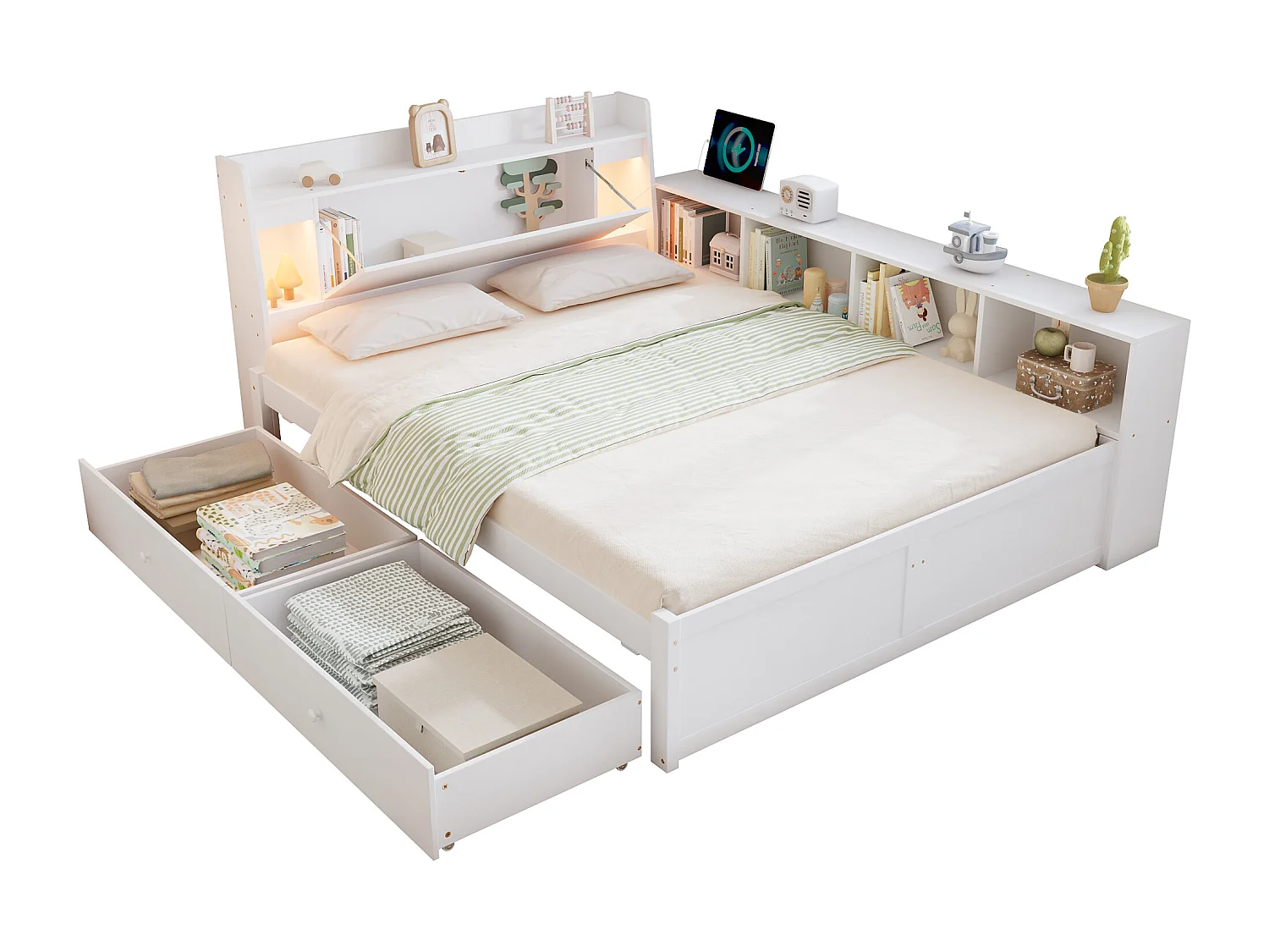 Eenpersoonsbed 140x200 cm met oplaadpoort, hoofdbord met opbergruimte + 2 lampen, wit