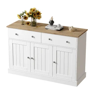 Elegant dressoir/keukenkast voor de woonkamer met 3 deuren en 2 lades, eikenhouten en witte afwerking. Elegant dressoir/keukenkast voor de woonkamer met 3 deuren en 2 lades, eikenhouten en witte afwerking.