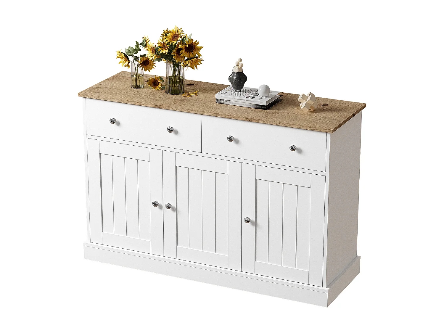 Elegante woonkamerdressoir, keukenkast met 3 deuren en 2 lades, eiken en wit decor