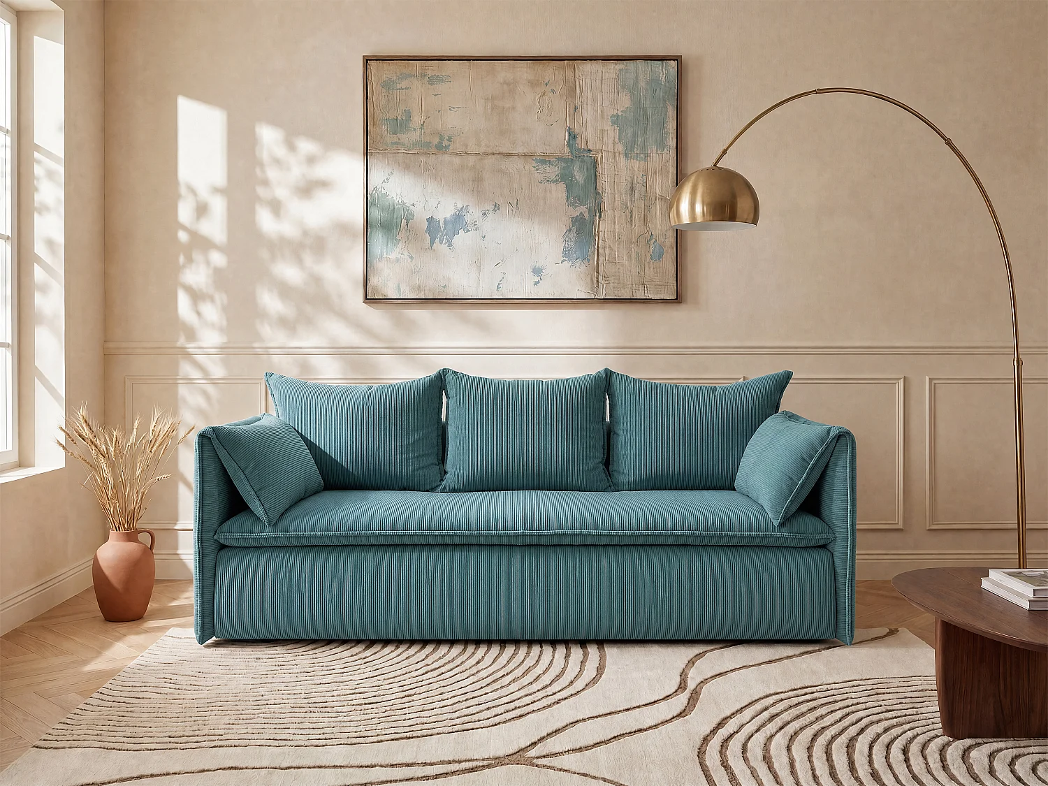 Driezitsbank van blauw ribfluweel TEODORA