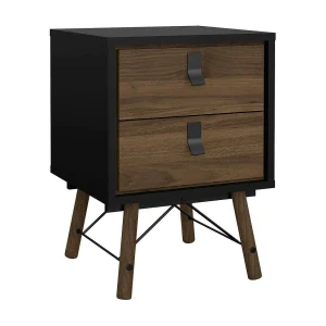 Drovell nachtkastje, Lage ladekast, Nachtkastje, Bedplank, 43×40 h60 cm, Zwart en Walnoot
