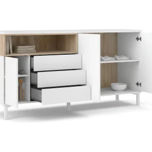Dsardin dressoir, Woonkamerbuffet, Woonkamerdressoir, Keukenkast, 176×48 h90 cm, Wit en Eiken Dsardin dressoir, Woonkamerbuffet, Woonkamerdressoir, Keukenkast, 176×48 h90 cm, Wit en Eiken