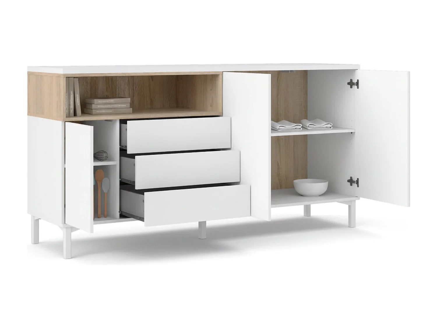 Dsardin dressoir, Woonkamerbuffet, Woonkamerdressoir, Keukenkast, 176x48 h90 cm, Wit en Eiken