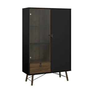 Dvell vitrinekast, Vitrinekast, Multifunctionele vitrinekast, Woonkamerdressoir, 102×40 h162 cm, Zwart en Walnoot