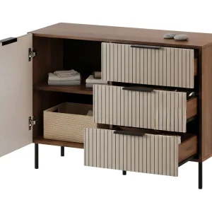 Dressoir Grad, 3 lades, 104x42x75h cm walnootbruin, buffetkast, 1 legplank, draai- en schuifdeur Dressoir Grad, 3 lades, 104x42x75h cm walnootbruin, buffetkast, 1 legplank, draai- en schuifdeur