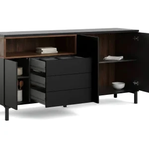 Dsardin dressoir, Woonkamerbuffet, Woonkamerdressoir, Keukenkast, 176×48 h90 cm, Zwart en Walnoot Dsardin dressoir, Woonkamerbuffet, Woonkamerdressoir, Keukenkast, 176×48 h90 cm, Zwart en Walnoot