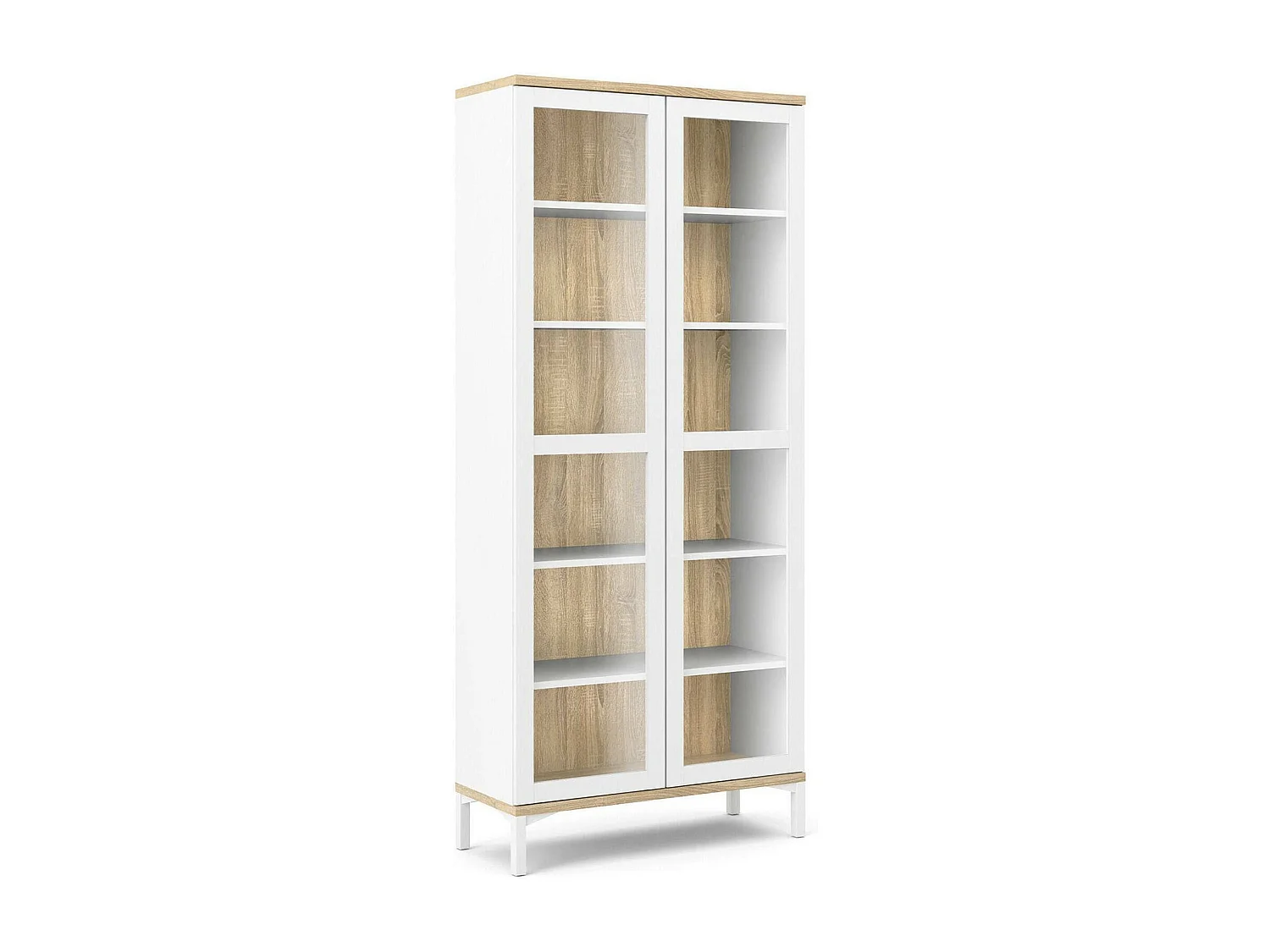 Dvecchi vitrinekast, Vitrinekast, Multifunctionele vitrinekast, Woonkamerdressoir, 89x36 h203 cm, Wit en Eiken