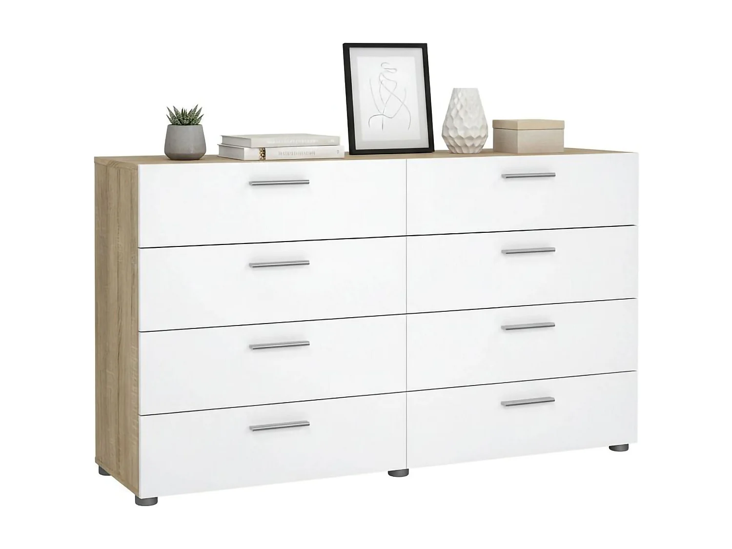 Dsanabri dressoir, Woonkamerbuffet, Woonkamerdressoir, Keukenkast, 140x40 h83 cm, Eiken en Wit
