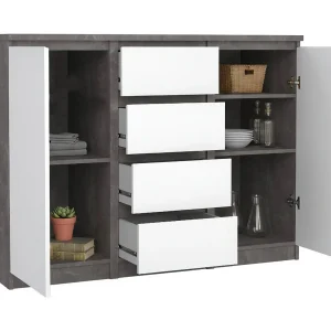 Dsalmas dressoir, Woonkamerbuffet, Woonkamerdressoir, Keukenkast, 121×50 h91 cm, Cement en Wit Dsalmas dressoir, Woonkamerbuffet, Woonkamerdressoir, Keukenkast, 121×50 h91 cm, Cement en Wit