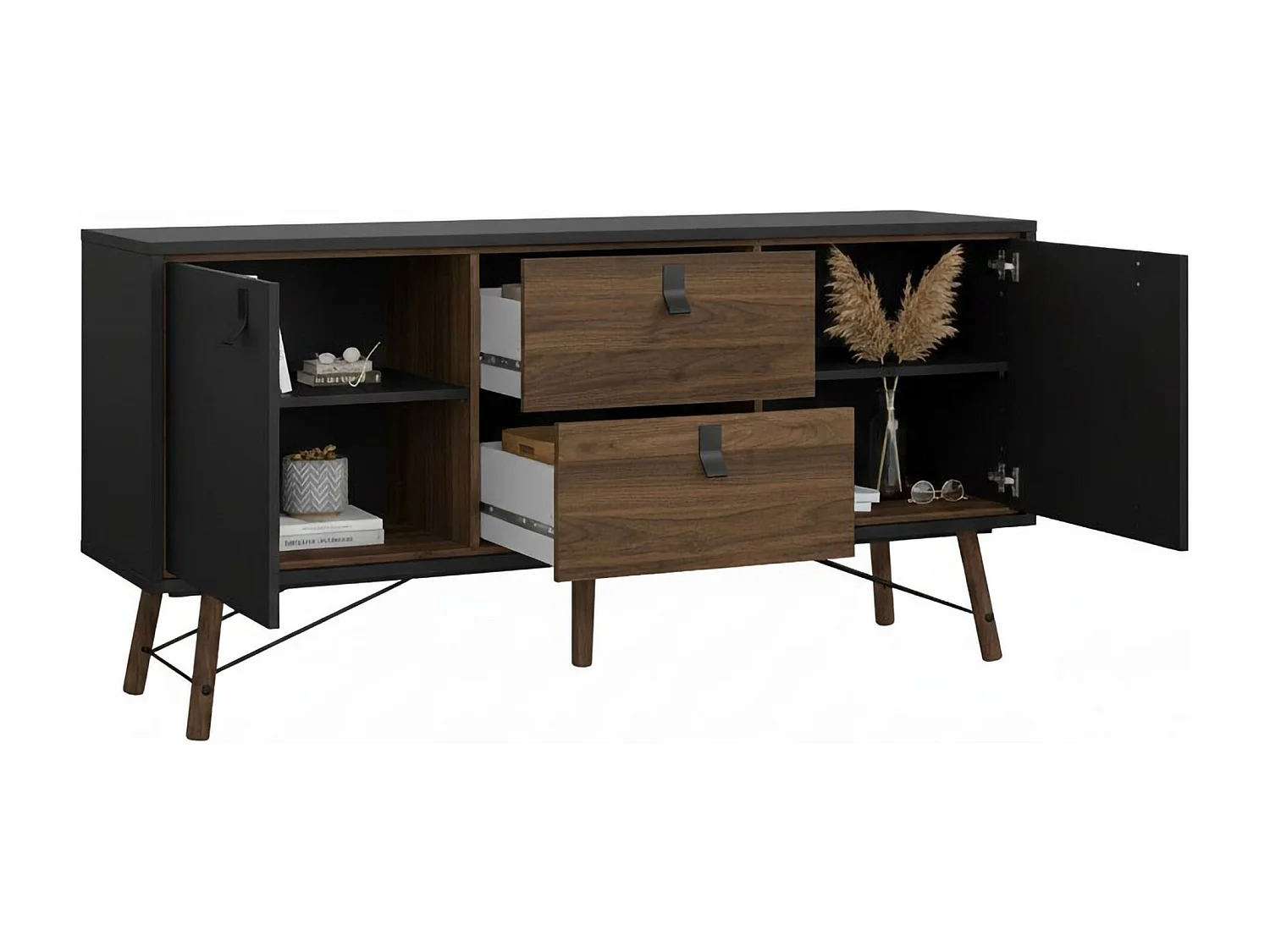 Dsavold dressoir, Woonkamerbuffet, Woonkamerdressoir, Keukenkast, 150x40 h72 cm, Zwart en Walnoot