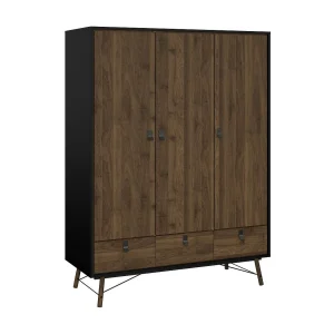 Dverdell 3-deurskast, Slaapkamermeubel, Inloopkast, Kledingkast, 150×60 h200 cm, Zwart en Walnoot