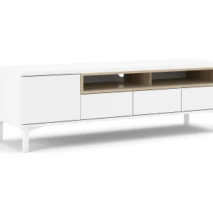 Dtoffani TV-meubel, Woonkamerdressoir, Lage tv-kast, Uitgeruste muurbasis, 156×48 h48 cm, Wit en Eiken Dtoffani TV-meubel, Woonkamerdressoir, Lage tv-kast, Uitgeruste muurbasis, 156×48 h48 cm, Wit en Eiken