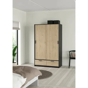 Dschoute 2-deurskast, Slaapkamermeubel, Inloopkast, Kledingkast, 121×60 h200 cm, Zwart en Eiken