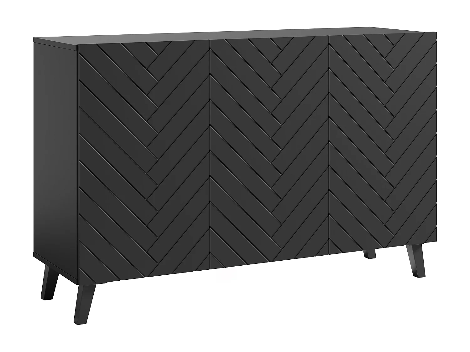 Moderne dressoir 120 cm voor de woonkamer op poten, zwart grafiet, MDF-fronten in visgraatmotief