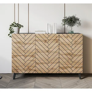 Moderne dressoir 120 cm voor woonkamer op pootjes, zwart grafiet, MDF-fronten in wotan visgraat Moderne dressoir 120 cm voor woonkamer op pootjes, zwart grafiet, MDF-fronten in wotan visgraat